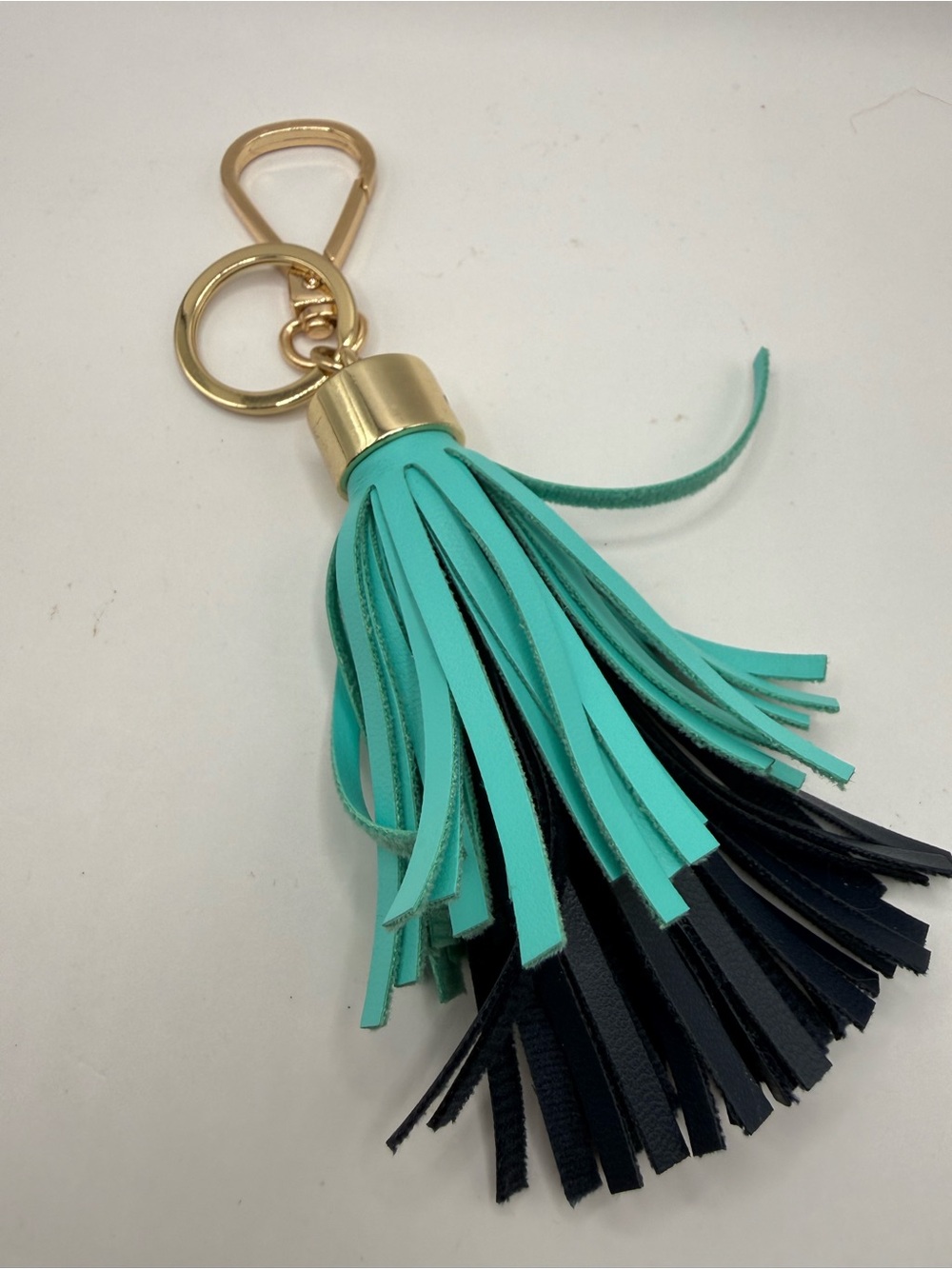 Turquoise & Black Leather Tassel Keychain with Gold-Toned Swivel Hook and Ring